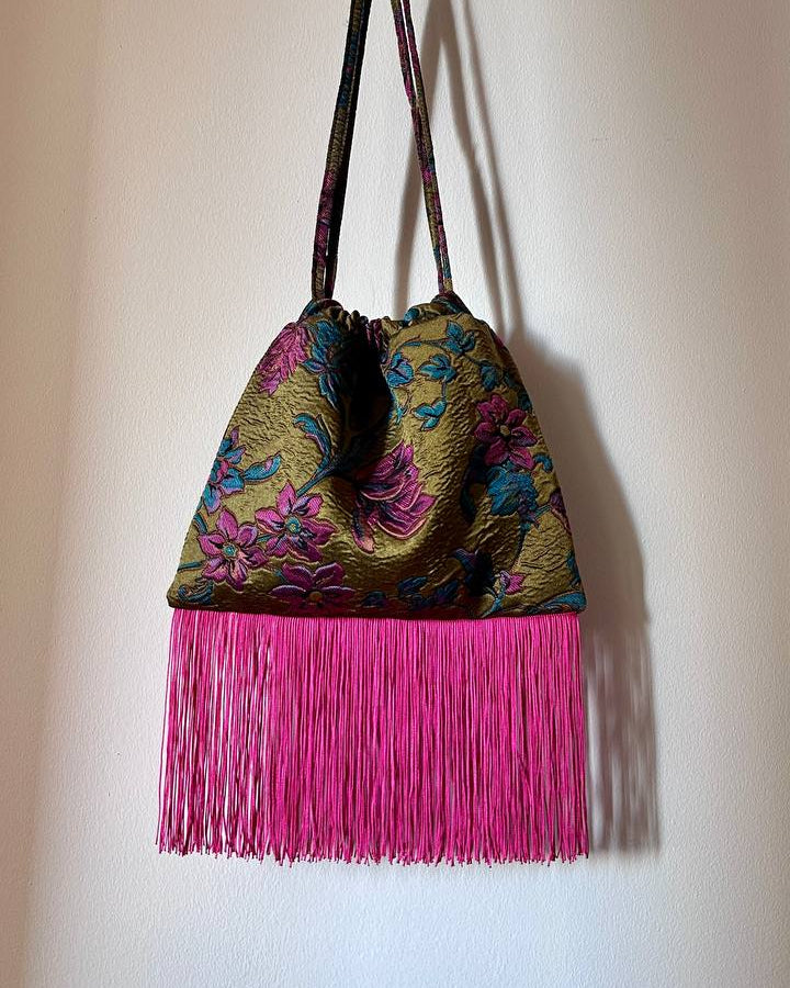 Olive Floral & Fuchsia Fringe Pouch