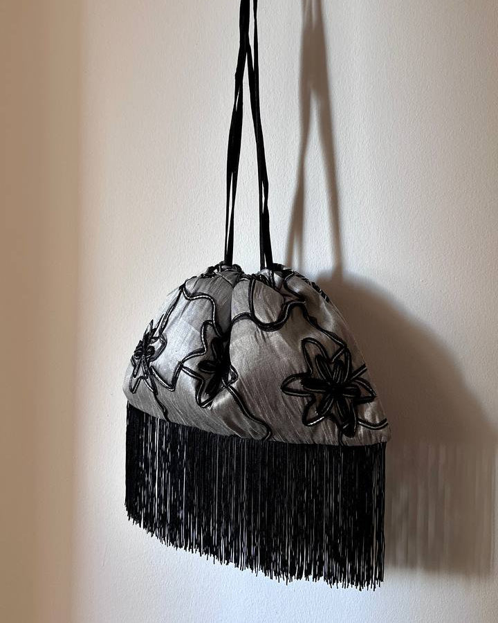 Silver Raw Silk Embroidered Pouch