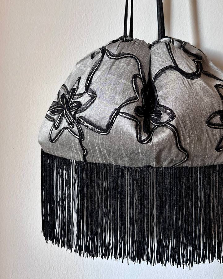 Silver Raw Silk Embroidered Pouch