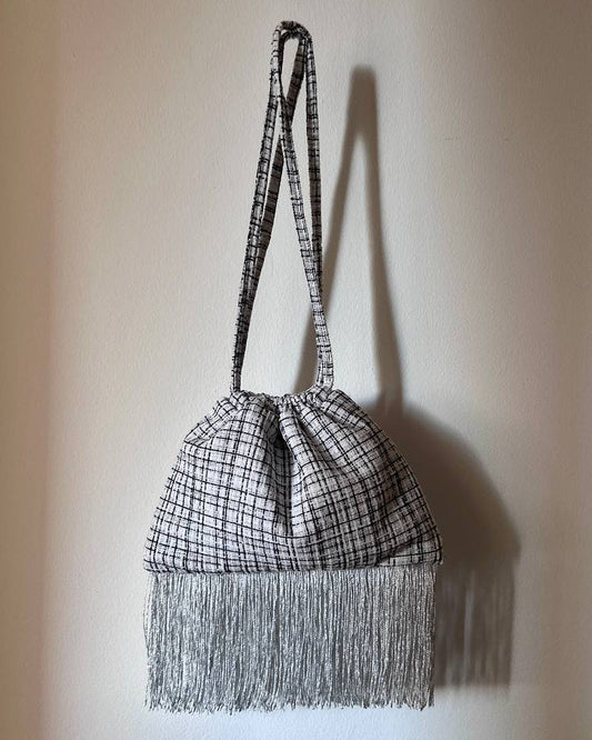 French Tweed & Silver Fringe Pouch