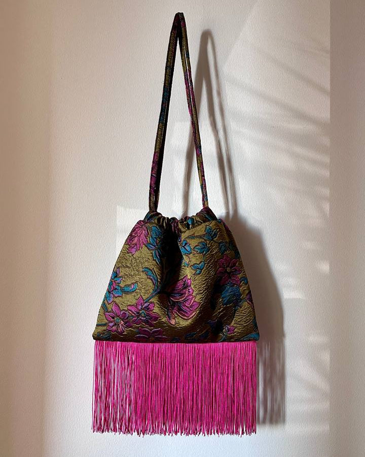 Olive Floral & Fuchsia Fringe Pouch