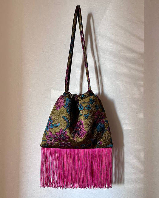 Olive Floral & Fuchsia Fringe Pouch